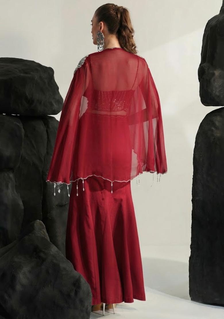 Deep Red Hand Work Embroidered Crepe Fusion Set - Indya