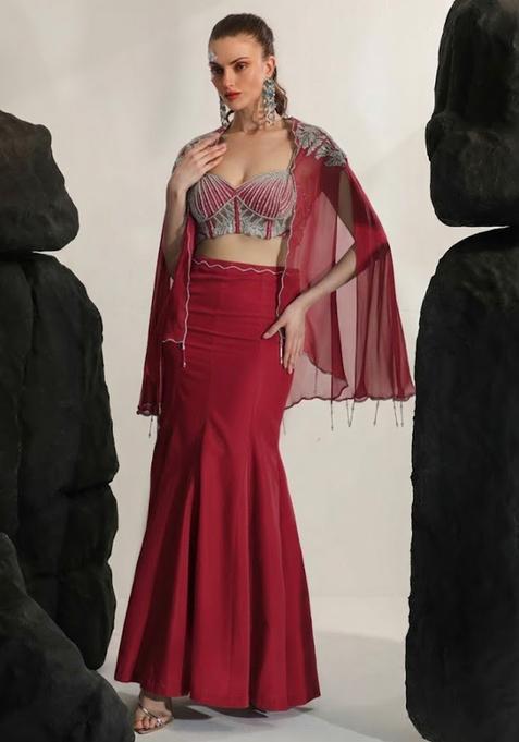 Deep Red Hand Work Embroidered Crepe Fusion Set