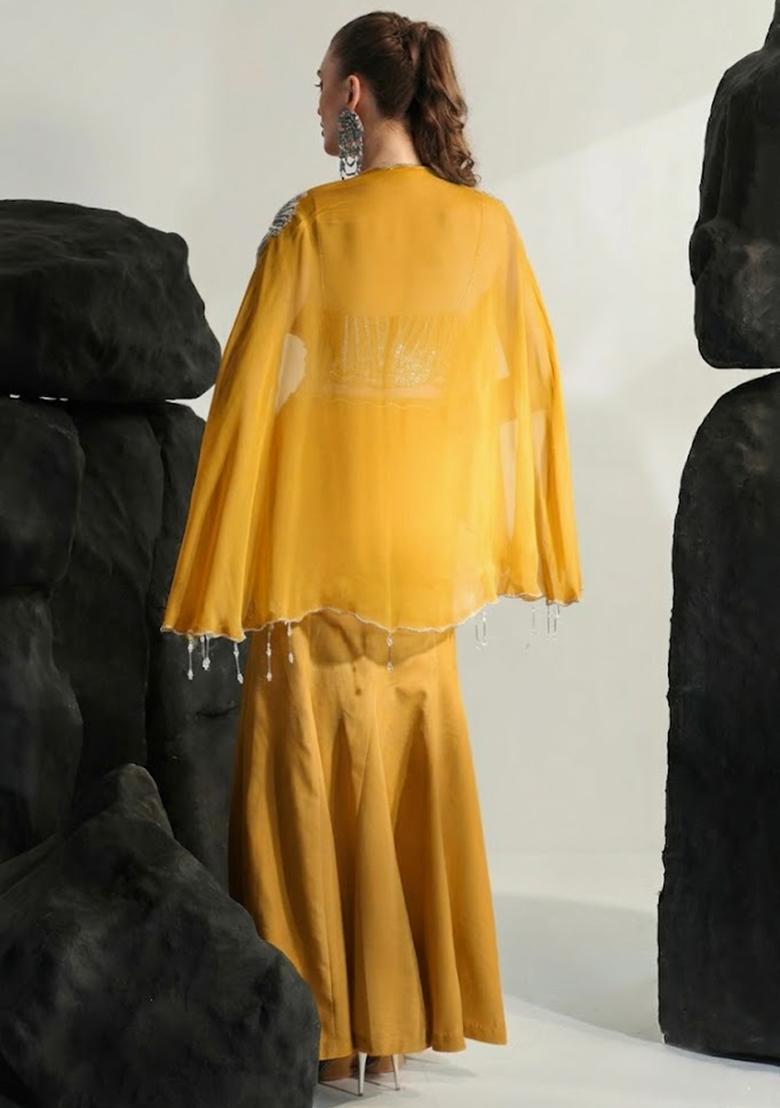 Bright Yellow Hand Work Embroidered Crepe Fusion Set - Indya