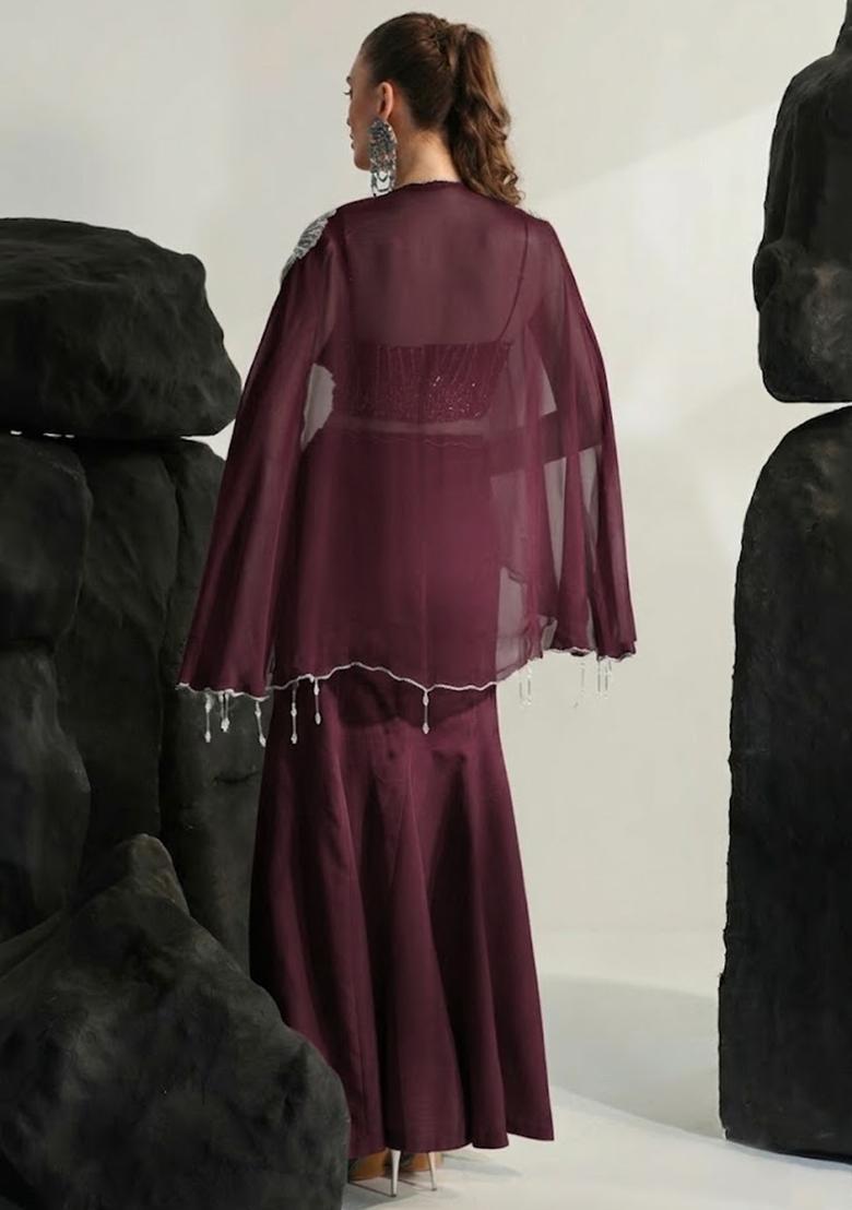 Wine Red Hand Work Embroidered Crepe Fusion Set - Indya