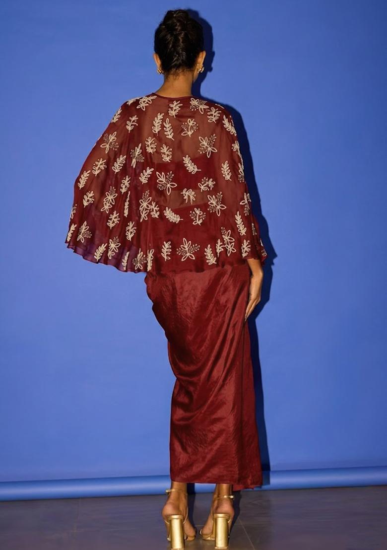 Deep Red Hand Work Embroidered Satin Fusion Set - Indya