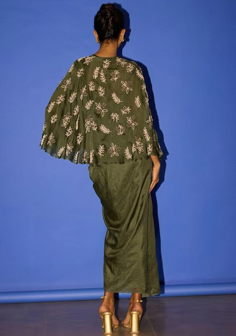 Light Green Hand Work Embroidered Satin Fusion Set - Indya