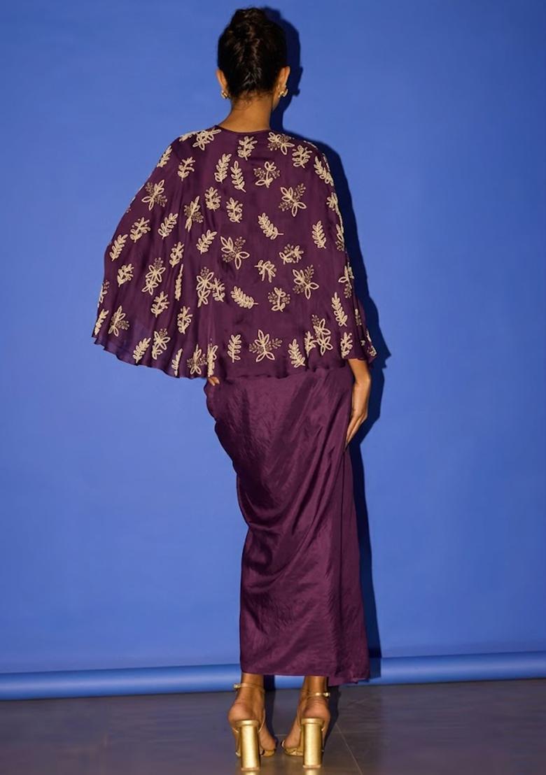 Deep Purple Hand Work Embroidered Satin Fusion Set - Indya