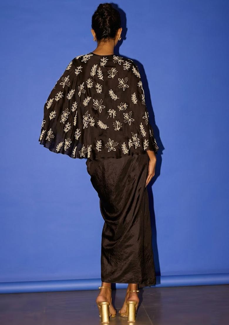 Dark Brown Hand Work Embroidered Satin Fusion Set - Indya