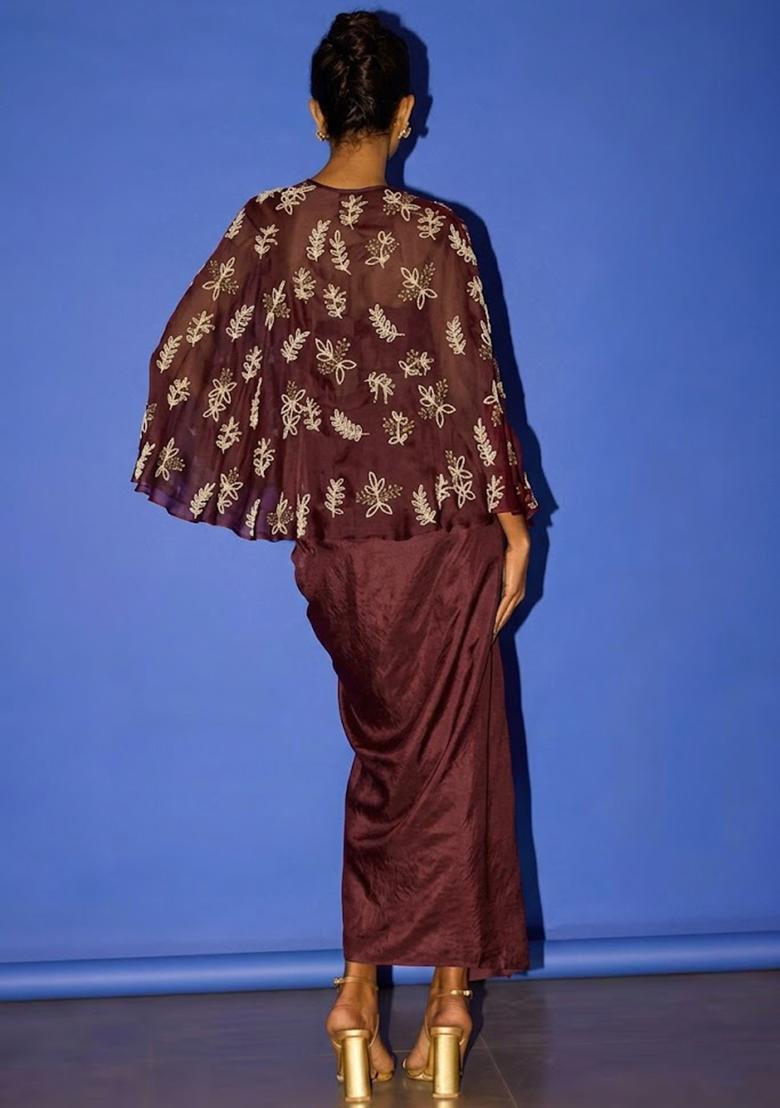 Wine Red Hand Work Embroidered Satin Fusion Set - Indya