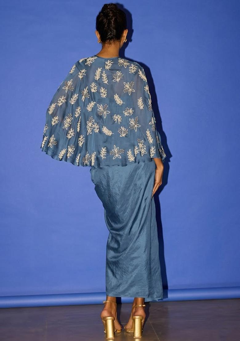 Deep Blue Hand Work Embroidered Satin Fusion Set - Indya