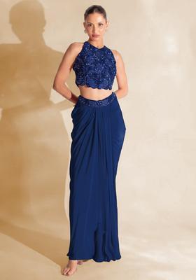 Deep Blue Hand Work Embellished Satin Fusion Set