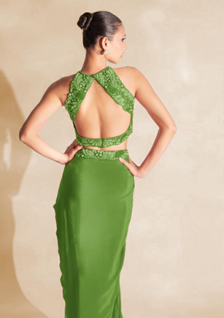 Light Green Hand Work Embellished Satin Fusion Set - Indya