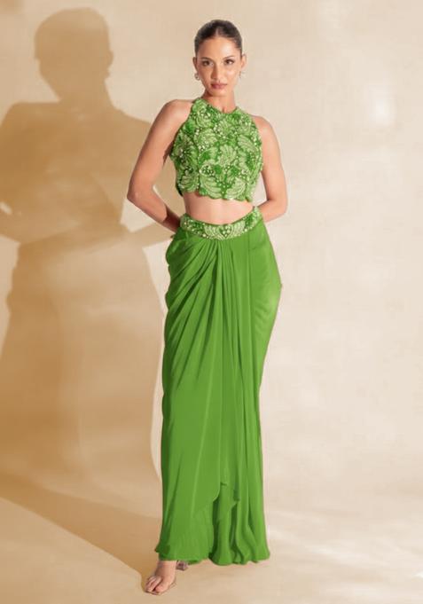 Light Green Hand Work Embellished Satin Fusion Set
