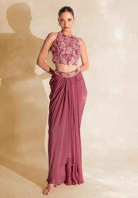Mauve Hand Work Embellished Satin Fusion Set
