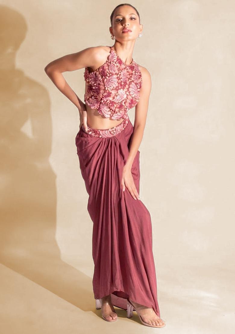 Mauve Hand Work Embellished Satin Fusion Set - Indya