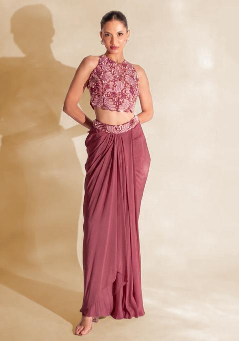 Mauve Hand Work Embellished Satin Fusion Set