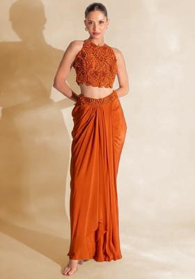Soft Orange Hand Work Embellished Satin Fusion Set
