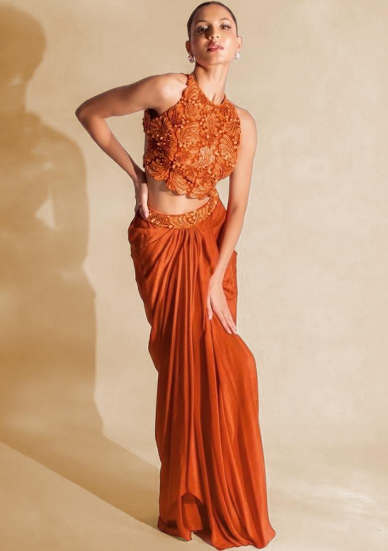 Soft Orange Hand Work Embellished Satin Fusion Set - Indya