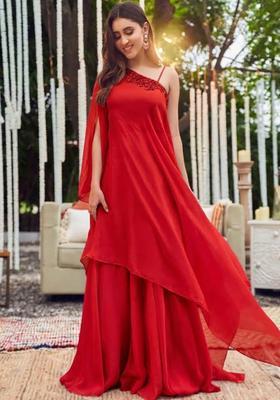 Bright Red Hand Work Embellished Chinon Fusion Set
