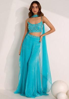 Deep Blue Hand Work Embellished Silk Blend Fusion Set