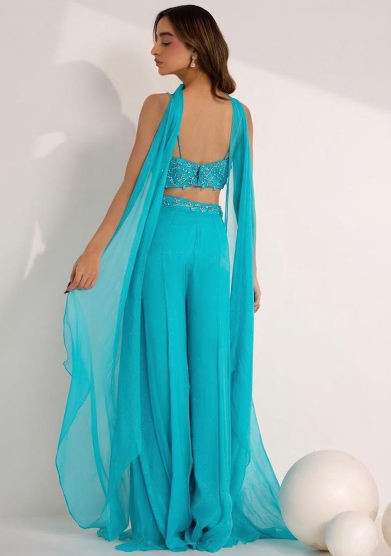 Deep Blue Hand Work Embellished Silk Blend Fusion Set - Indya