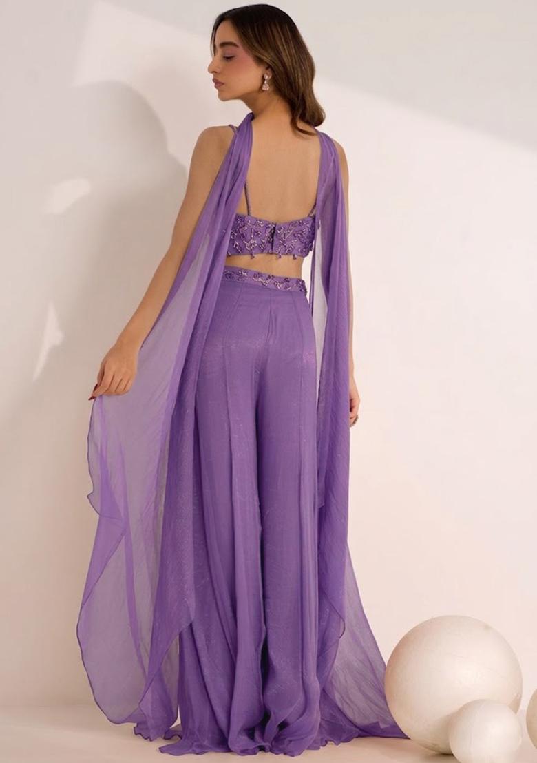 Lavender Hand Work Embellished Silk Blend Fusion Set - Indya