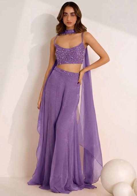 Lavender Hand Work Embellished Silk Fusion Set