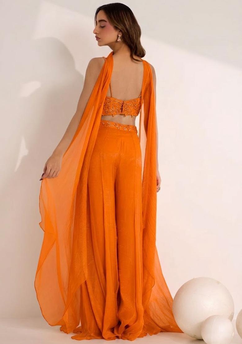 Soft Orange Hand Work Embellished Silk Blend Fusion Set - Indya