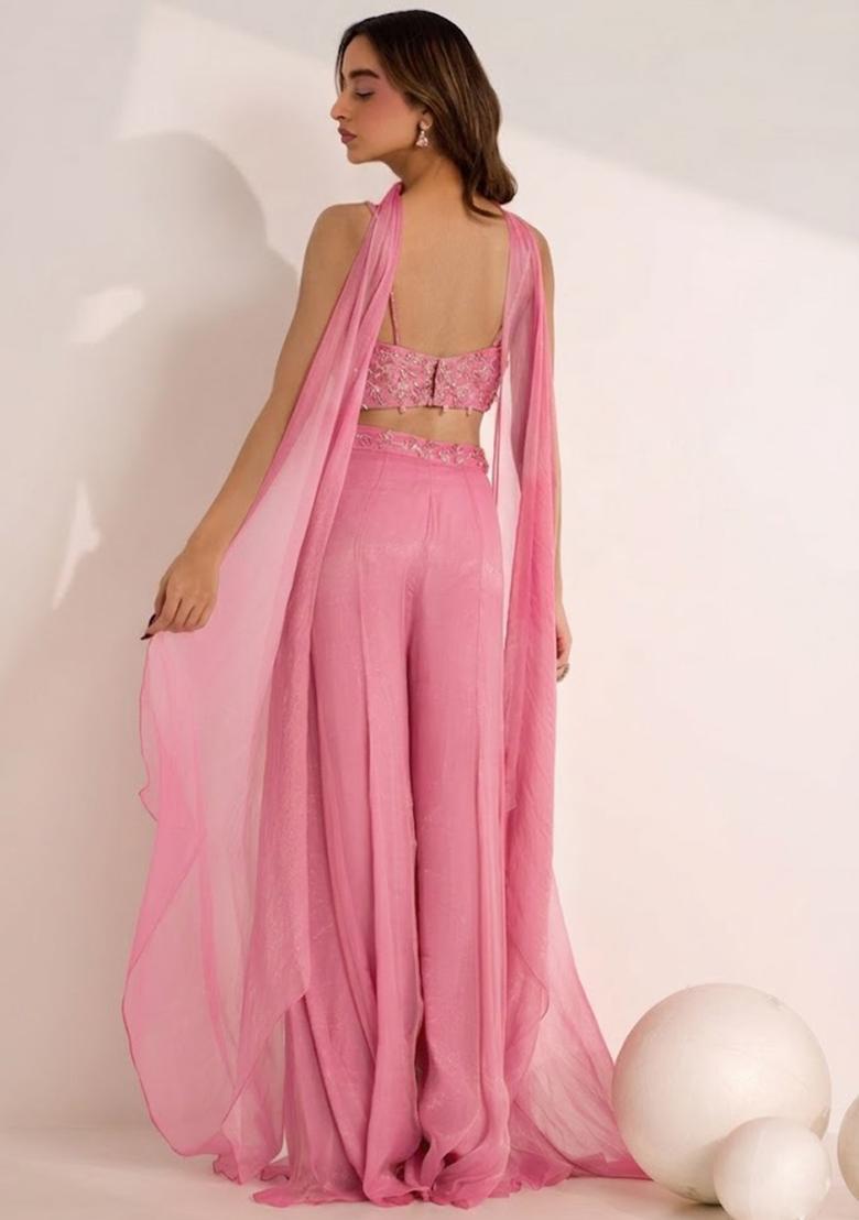 Soft Pink Hand Work Embellished Silk Blend Fusion Set - Indya