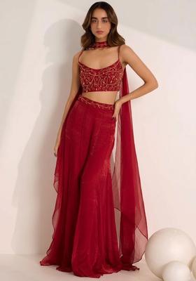 Bright Red Hand Work Embellished Silk Blend Fusion Set