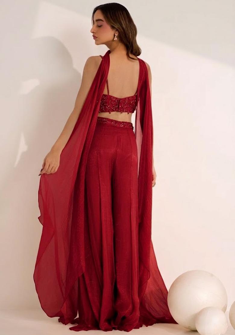 Bright Red Hand Work Embellished Silk Blend Fusion Set - Indya