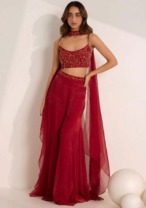 Bright Red Hand Work Embellished Silk Fusion Set
