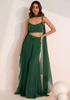 Emerald Green Hand Work Embellished Silk Blend Fusion Set