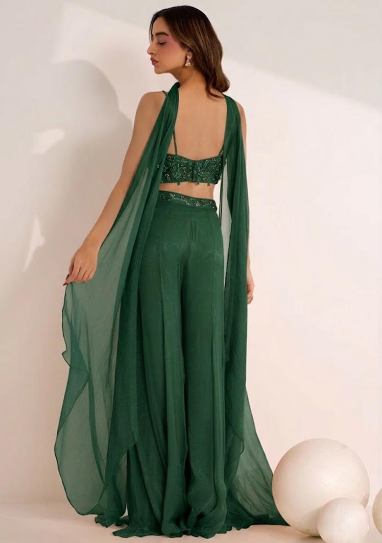 Emerald Green Hand Work Embellished Silk Blend Fusion Set - Indya