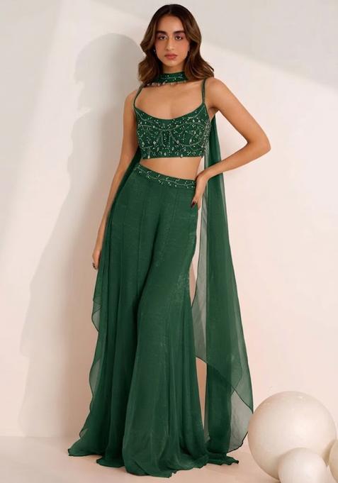 Emerald Green Hand Work Embellished Silk Blend Fusion Set