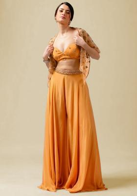 Peach Hand Work Embellished Crepe Fusion Set