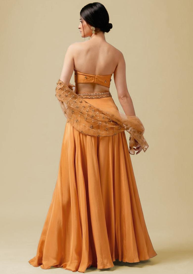 Peach Hand Work Embellished Crepe Fusion Set - Indya