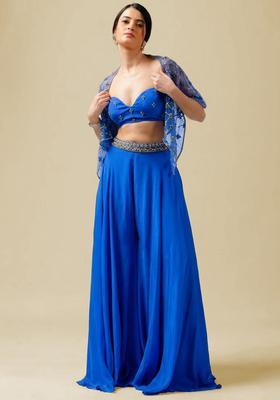 Deep Blue Hand Work Embellished Crepe Fusion Set