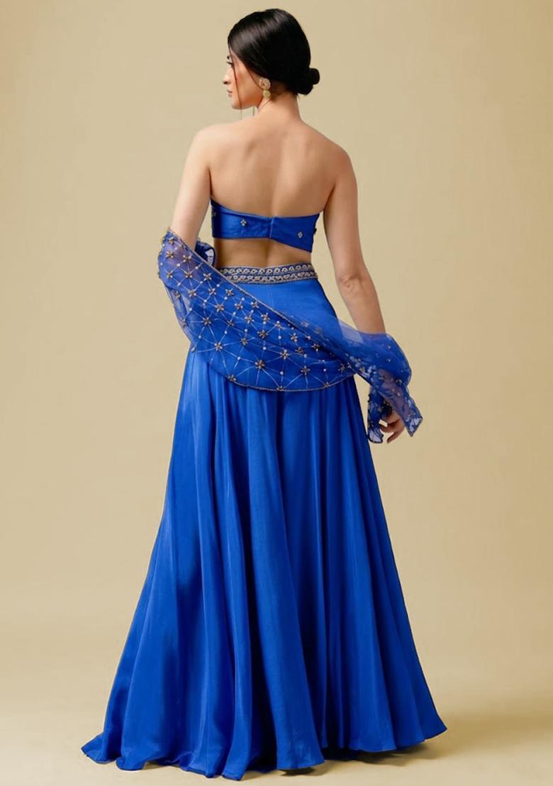 Deep Blue Hand Work Embellished Crepe Fusion Set - Indya