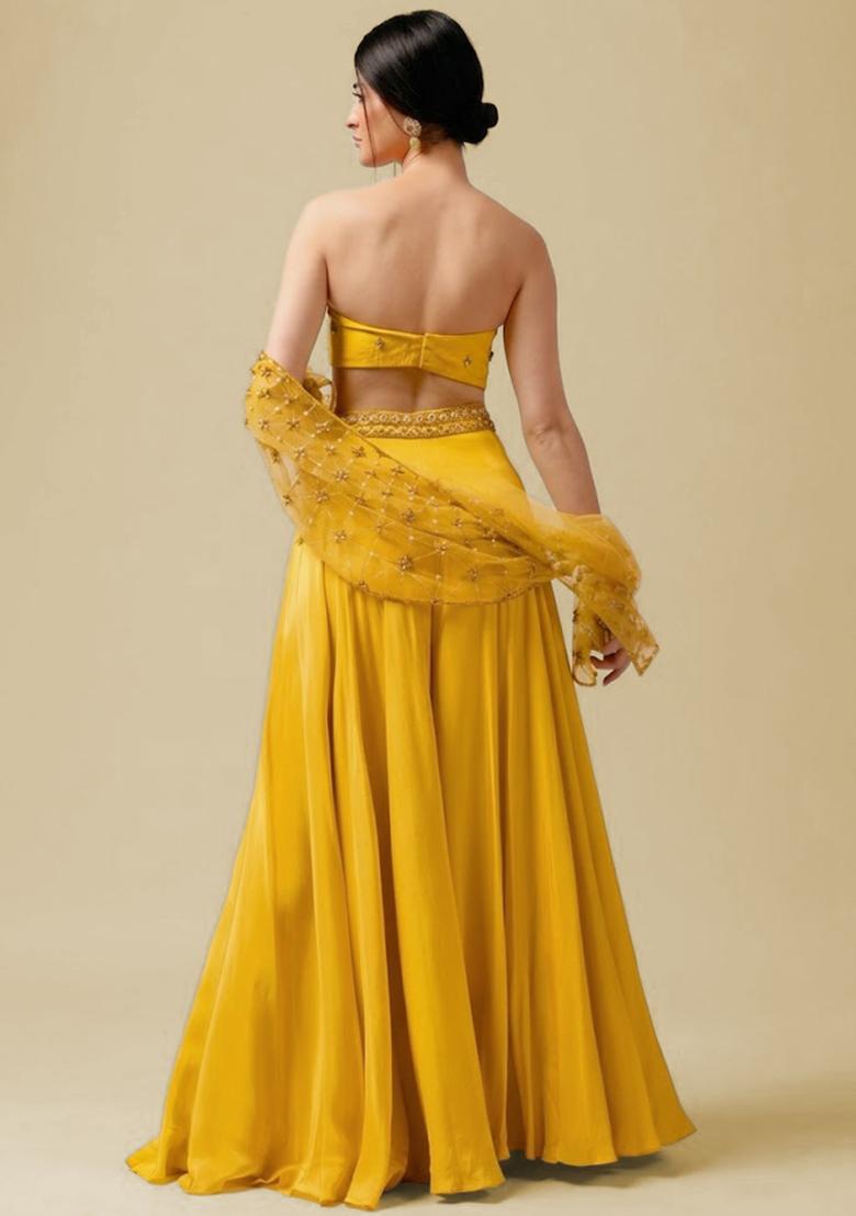 Lemon Yellow Hand Work Embellished Crepe Fusion Set - Indya