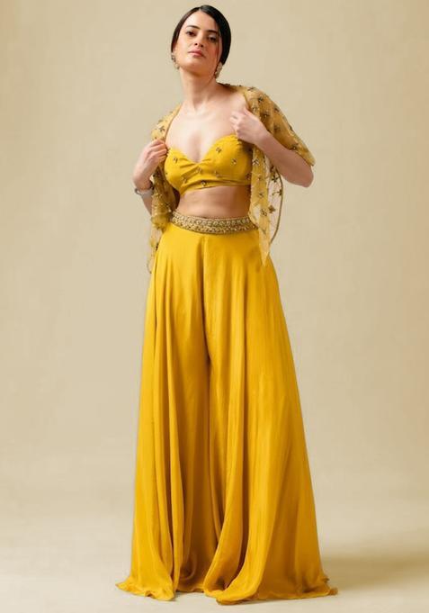 Lemon Yellow Hand Work Embellished Crepe Fusion Set