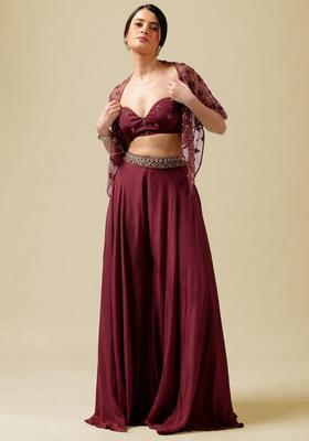 Wine Red Hand Work Embellished Crepe Fusion Set