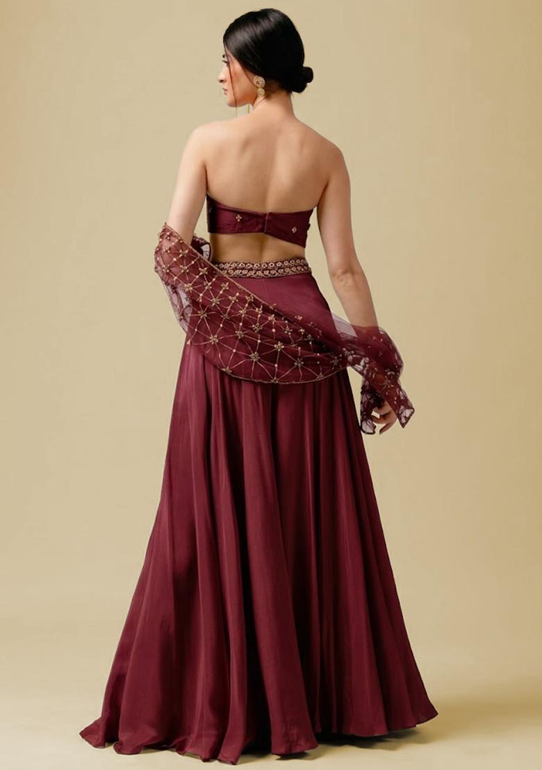 Wine Red Hand Work Embellished Crepe Fusion Set - Indya