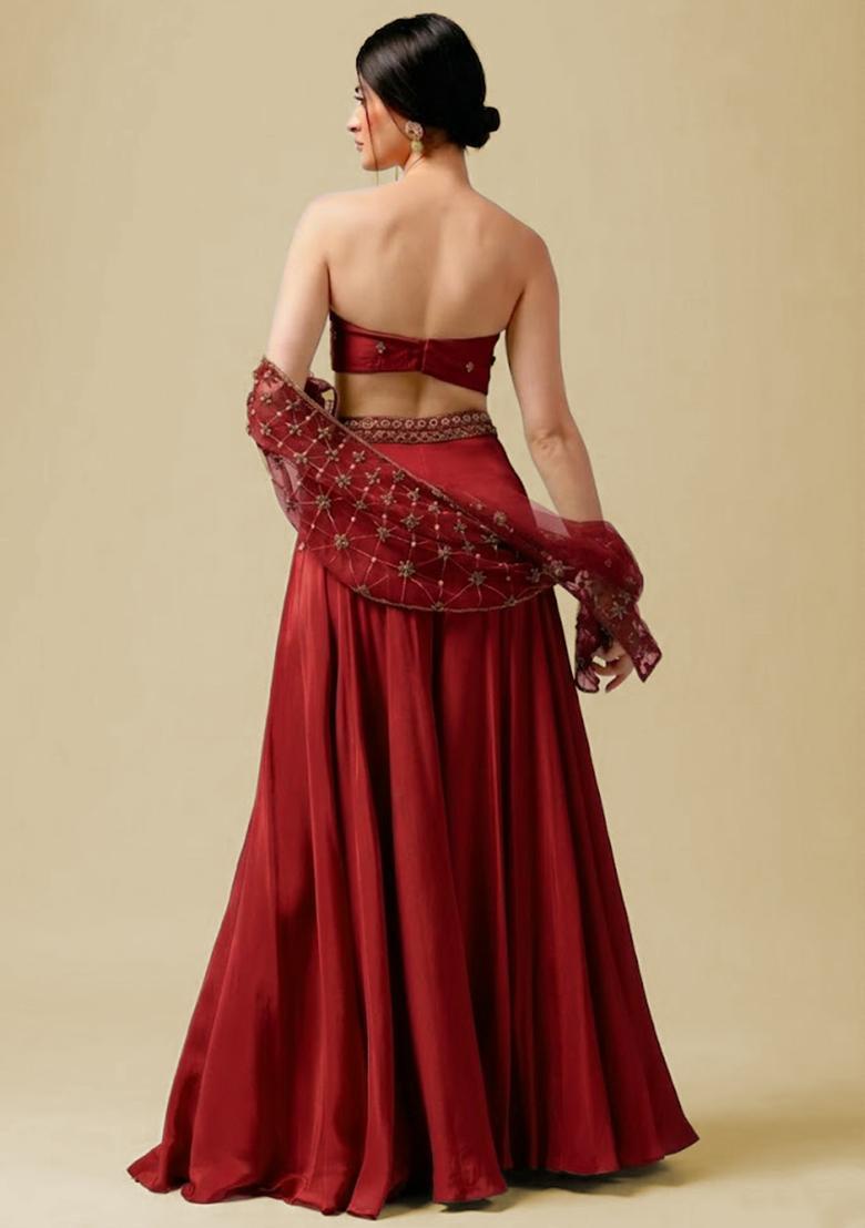Bright Red Hand Work Embellished Crepe Fusion Set - Indya