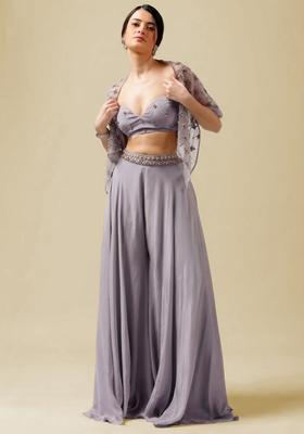 Grey Hand Work Embellished Crepe Fusion Set