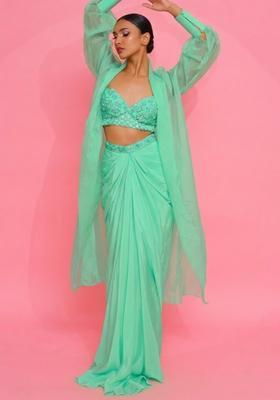 Blue Hand Work Embellished Crepe Fusion Set