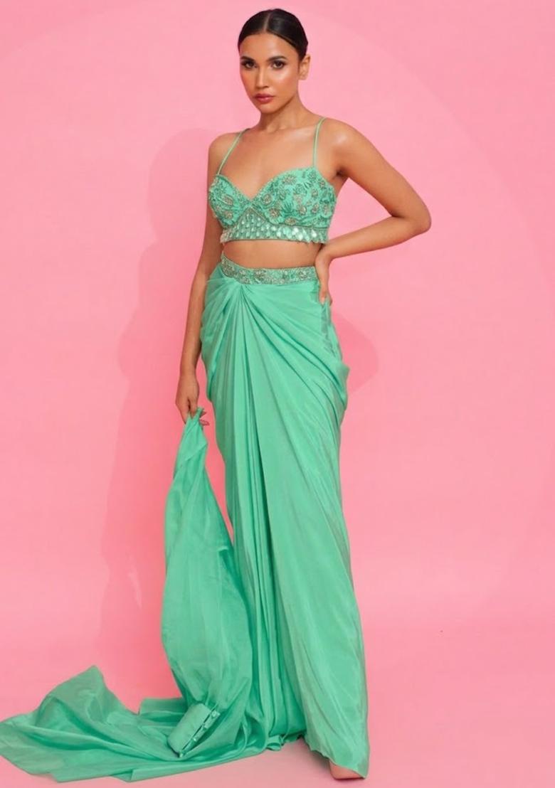 Blue Hand Work Embellished Crepe Fusion Set - Indya
