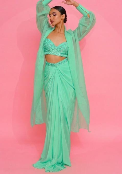 Blue Hand Work Embellished Crepe Fusion Set