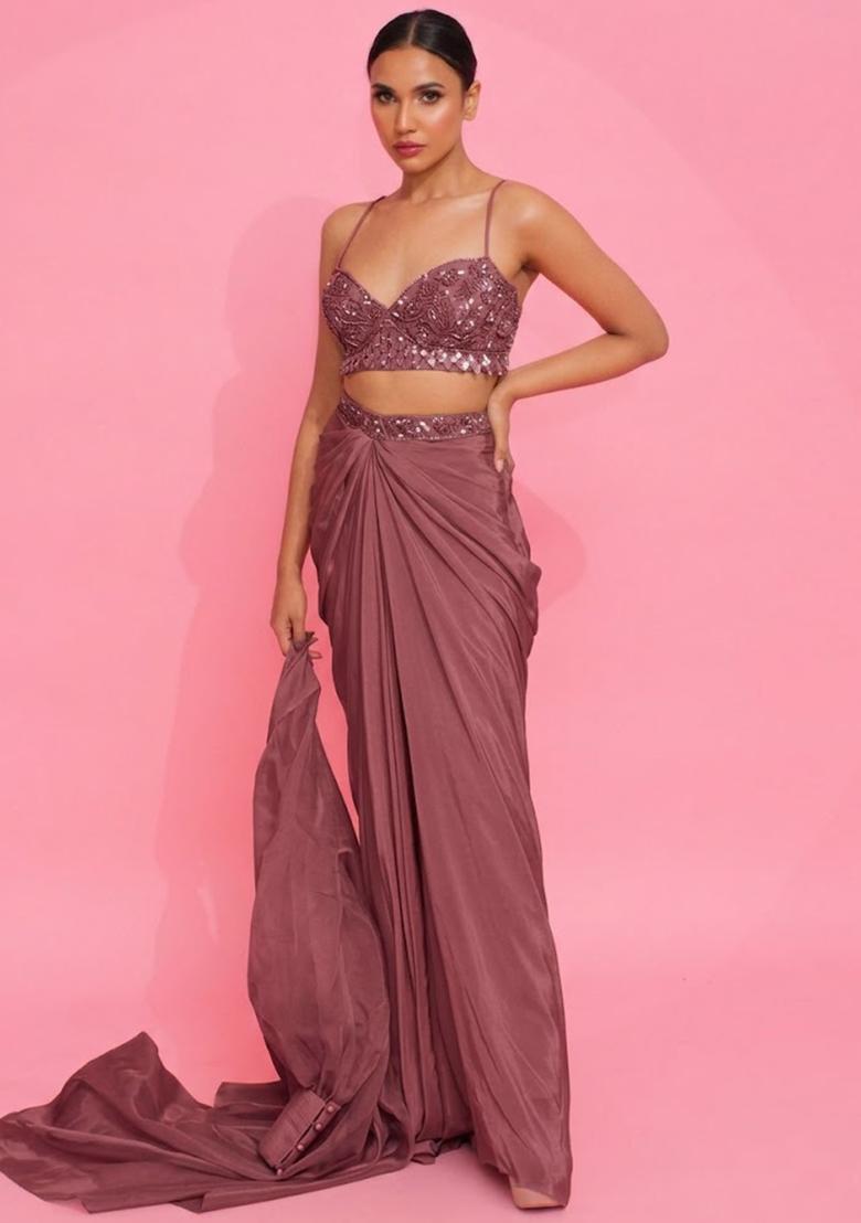 Mauve Hand Work Embellished Crepe Fusion Set - Indya