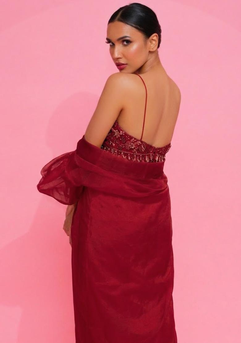 Deep Red Hand Work Embellished Crepe Fusion Set - Indya
