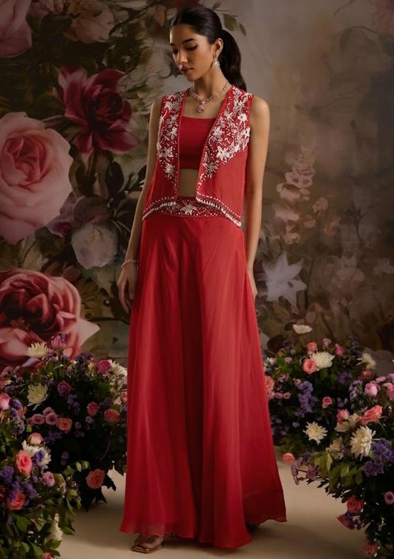 Deep Red Hand Work Embellished Chinon Fusion Set - Indya