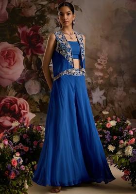Deep Blue Hand Work Embellished Chinon Fusion Set