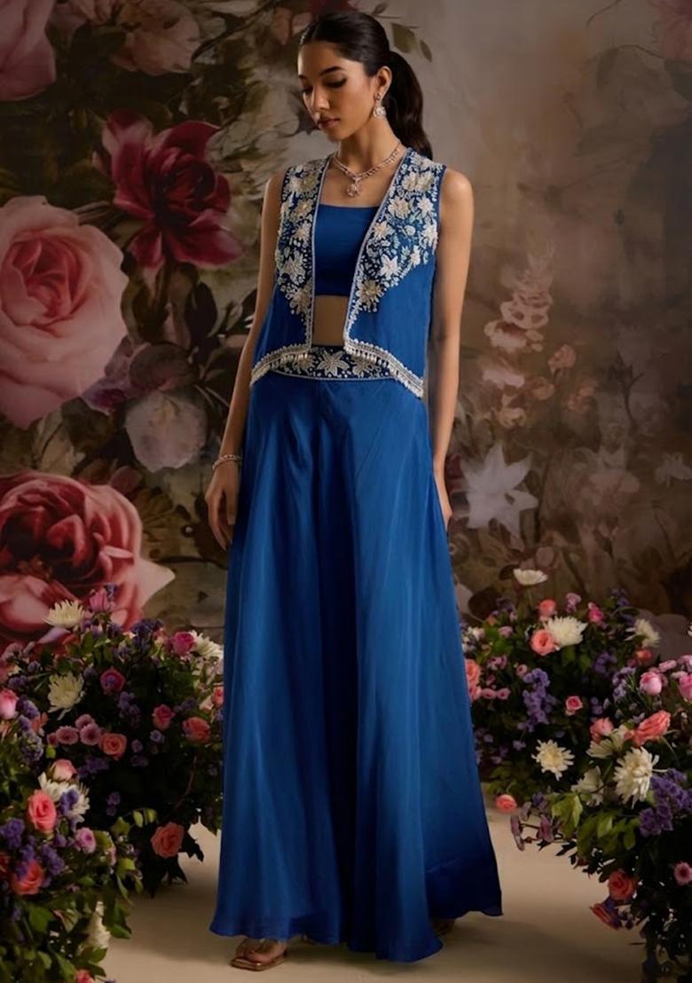 Deep Blue Hand Work Embellished Chinon Fusion Set - Indya