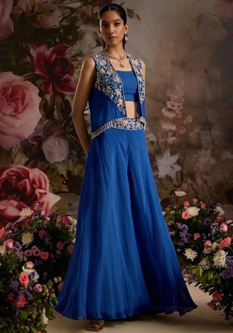 Deep Blue Hand Work Embellished Chinon Fusion Set